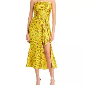 cinq a sept Yellow Floral Strapless Midi Dress